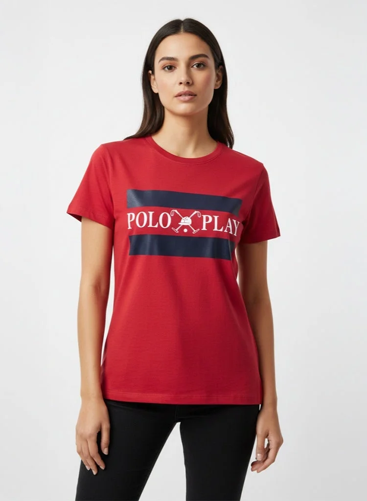 لعب البولو تيشيرت نسائي برسومات - أحمر